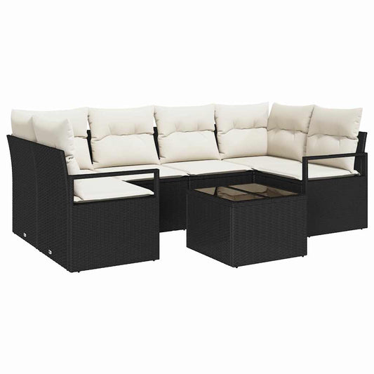 Sofa Set 7 pcs Schwarz und Creme Poly-Rattan