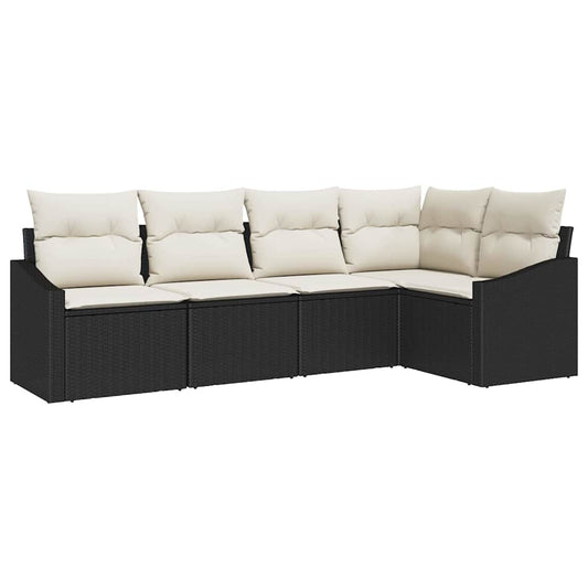 Sofa Set mit Kissen 5 pcs Schwarz Poly Rattan
