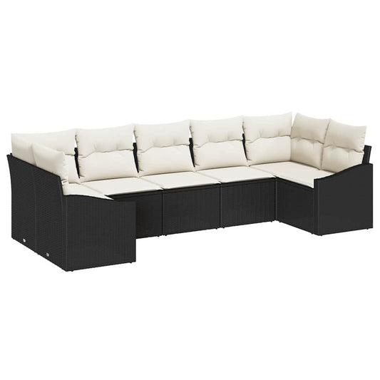 Sofa Set mit Kissen 7 pcs Schwarz Poly Rattan