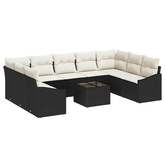 Sofa Set mit Kissen 10 pcs Schwarz Poly Rattan