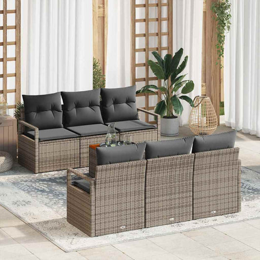 Garten-Sofa-Set mit Kissen 7 pcs Grau Poly Rattan