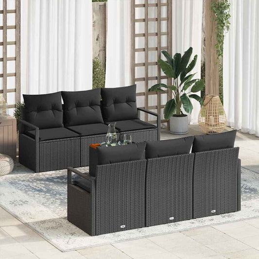 Garten-Sofa-Set mit Kissen 7 pcs Schwarz Poly Rattan
