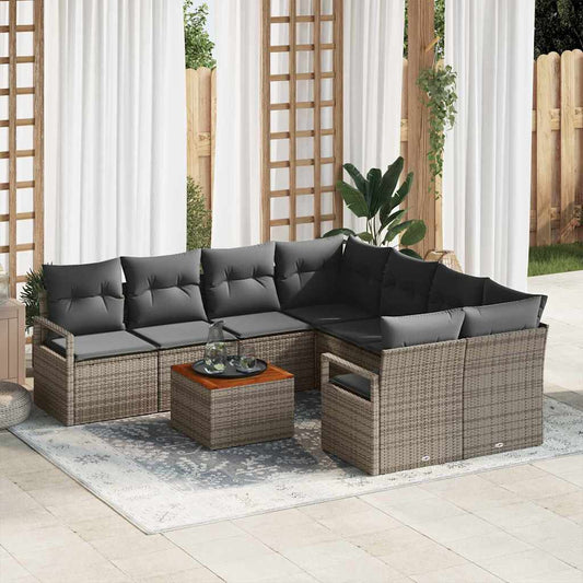 Garten-Sofa-Set mit Kissen 9 pcs Grau Poly Rattan