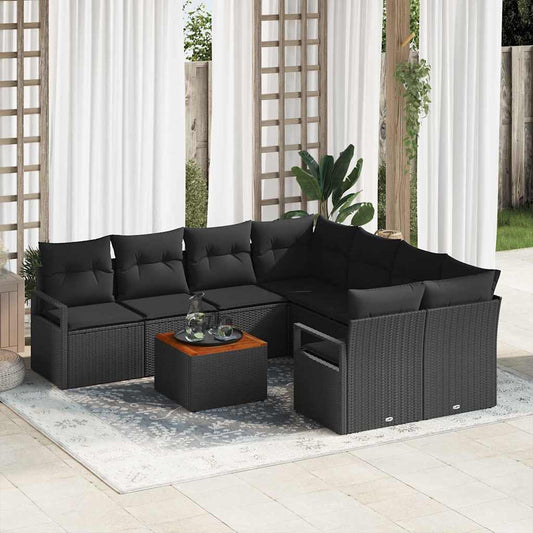 Garten-Sofa-Set mit Kissen 9 pcs Schwarz Poly Rattan
