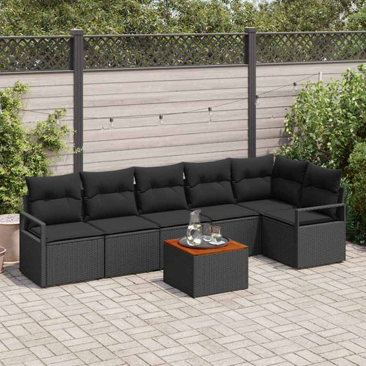 Garten-Sofa-Set mit Kissen 7 pcs Schwarz Poly Rattan