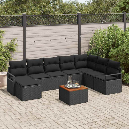 Garten-Sofa-Set mit Kissen 9 pcs Schwarz Poly Rattan