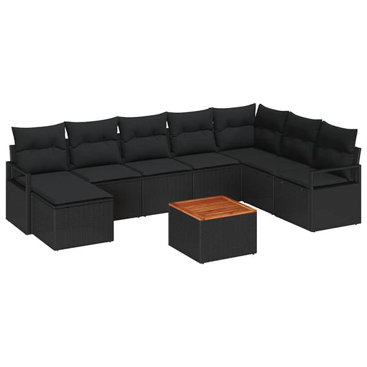 Garten-Sofa-Set mit Kissen 9 pcs Schwarz Poly Rattan