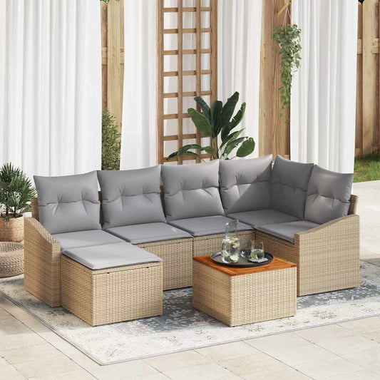 Garten-Sofa-Set mit Kissen 7 pcs Beige Poly Rattan