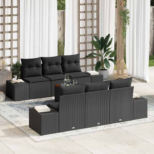 Garten-Sofa-Set mit Kissen 7 pcs Schwarz Poly Rattan