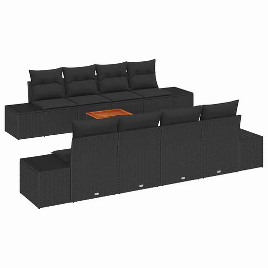 Garten-Sofa-Set mit Kissen 9 pcs Schwarz Poly Rattan