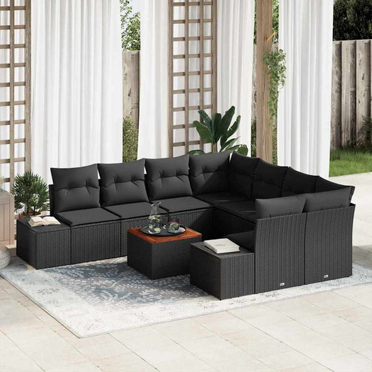 Garten-Sofa-Set mit Kissen 9 pcs Schwarz Poly Rattan