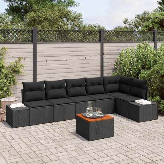 Garten-Sofa-Set mit Kissen 7 pcs Schwarz Poly Rattan