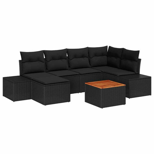 Garten-Sofa-Set mit Kissen 7 pcs Schwarz Poly Rattan