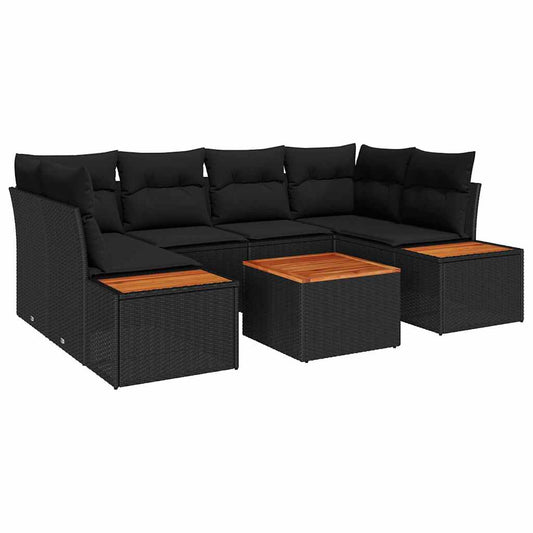 Garten-Sofa-Set mit Kissen 7 pcs Schwarz Poly Rattan
