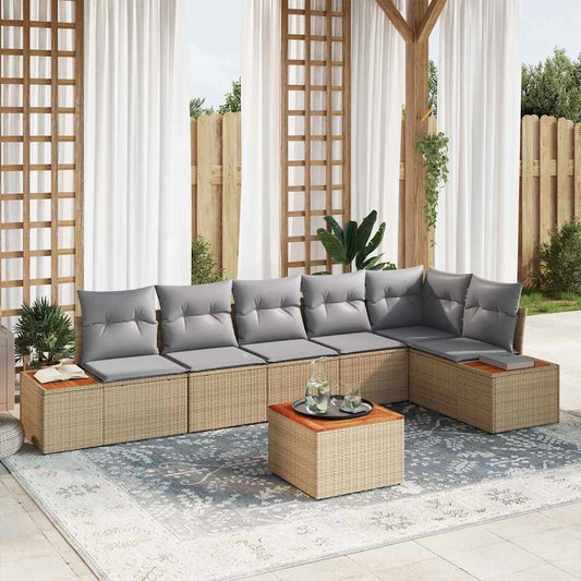 Garten-Sofa-Set mit Kissen 7 pcs Beige Poly Rattan