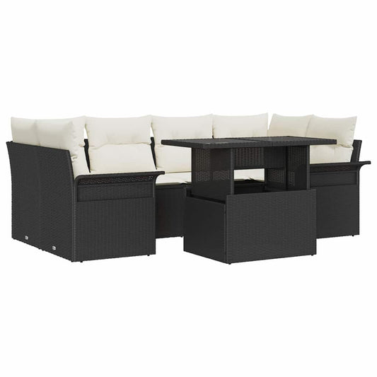 Garten-Sofa-Set mit Kissen 7 pcs Schwarz Poly Rattan