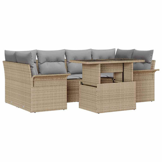 Garten-Sofa-Set mit Kissen 7 pcs Beige Poly Rattan