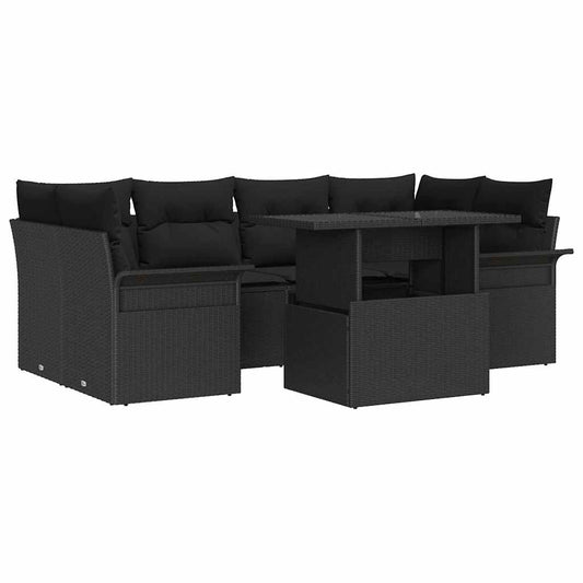 Garten-Sofa-Set mit Kissen 7 pcs Schwarz Poly Rattan