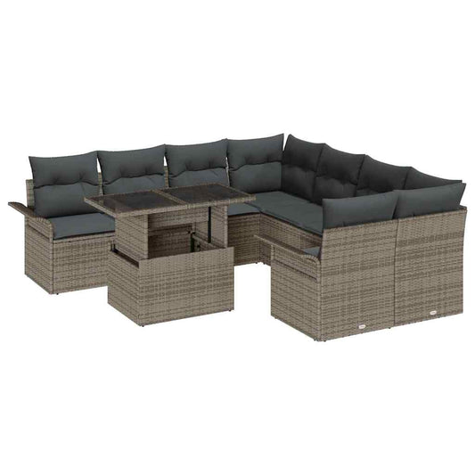 Garten-Sofa-Set mit Kissen 9 pcs Grau Poly Rattan