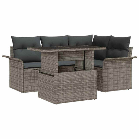 Garten-Sofa-Set mit Kissen 5 pcs Grau Poly Rattan