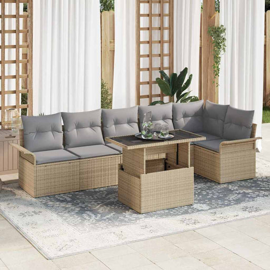 Garten-Sofa-Set mit Kissen 7 pcs Beige Poly Rattan