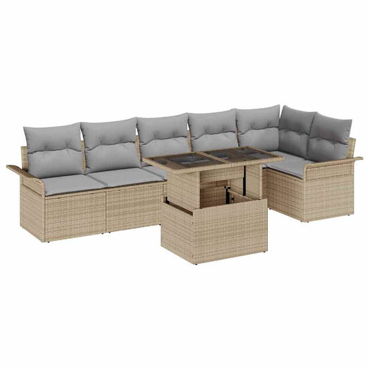 Garten-Sofa-Set mit Kissen 7 pcs Beige Poly Rattan