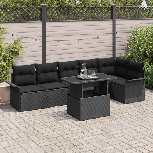 Garten-Sofa-Set mit Kissen 7 pcs Schwarz Poly Rattan