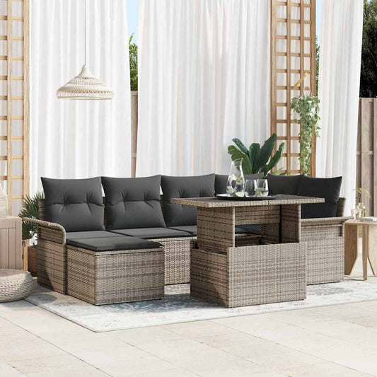 Garten-Sofa-Set mit Kissen 7 pcs Grau Poly Rattan