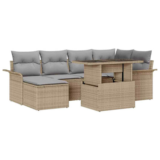 Garten-Sofa-Set mit Kissen 7 pcs Beige Poly Rattan
