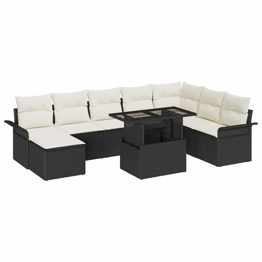 Garten-Sofa-Set mit Kissen 9 pcs Schwarz Poly Rattan