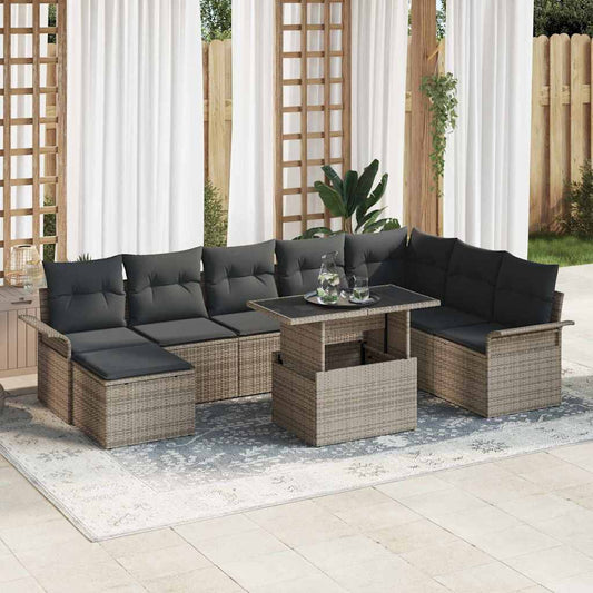 Garten-Sofa-Set mit Kissen 9 pcs Grau Poly Rattan
