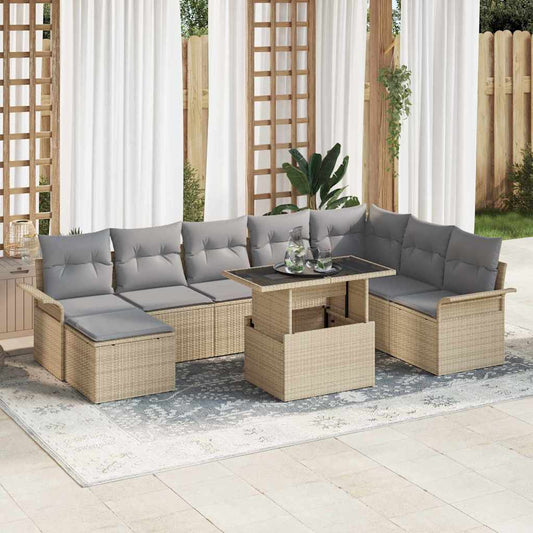 Garten-Sofa-Set mit Kissen 9 pcs Beige Poly Rattan