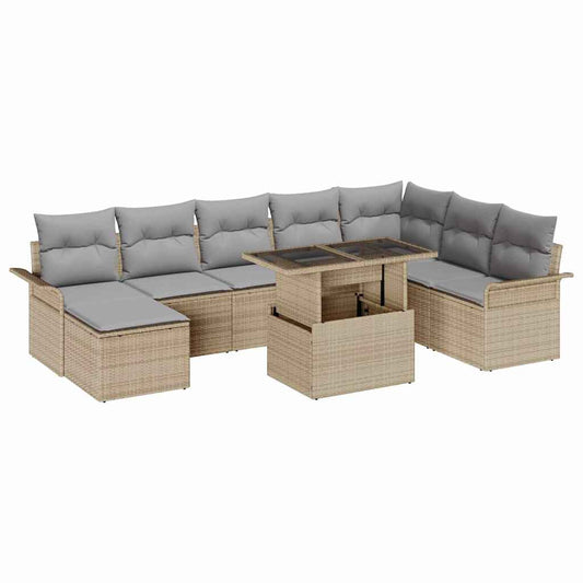 Garten-Sofa-Set mit Kissen 9 pcs Beige Poly Rattan