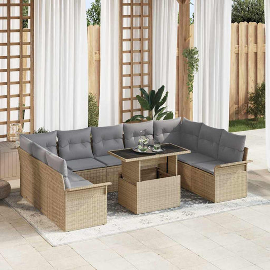 Garten-Sofa-Set mit Kissen 10 pcs Beige Poly Rattan