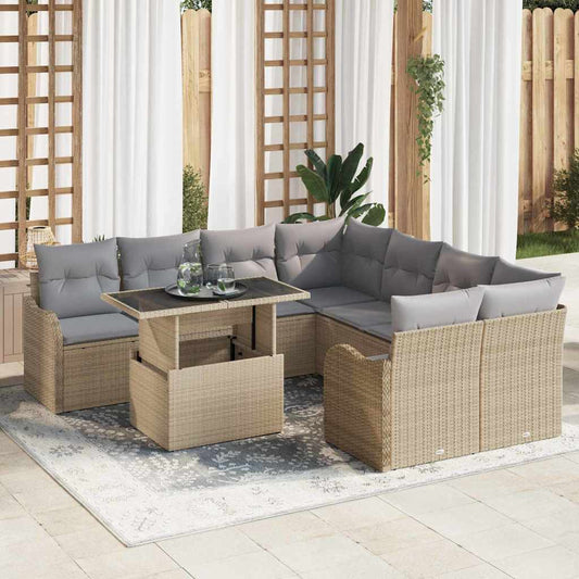 Garten-Sofa-Set mit Kissen 9 pcs Beige Poly Rattan