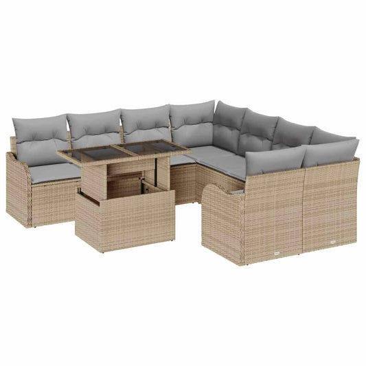 Garten-Sofa-Set mit Kissen 9 pcs Beige Poly Rattan