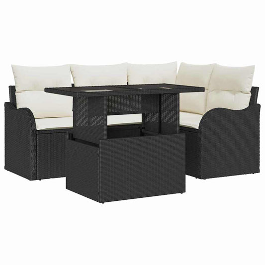 Garten-Sofa-Set mit Kissen 5 pcs Schwarz Poly Rattan