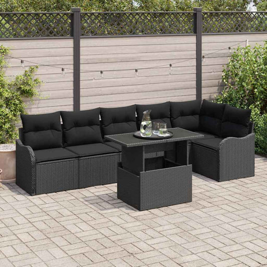 Garten-Sofa-Set mit Kissen 7 pcs Schwarz Poly Rattan