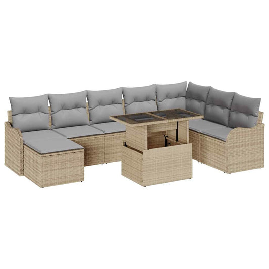 Garten-Sofa-Set mit Kissen 9 pcs Beige Poly Rattan