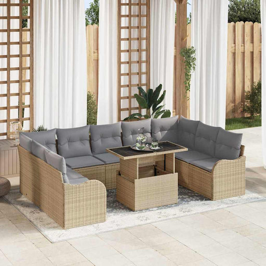 Garten-Sofa-Set mit Kissen 10 pcs Beige Poly Rattan
