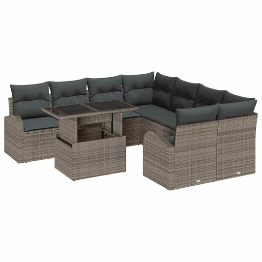 Garten-Sofa-Set mit Kissen 9 pcs Grau Poly Rattan
