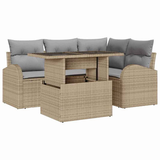 Garten-Sofa-Set mit Kissen 5 pcs Beige Poly Rattan