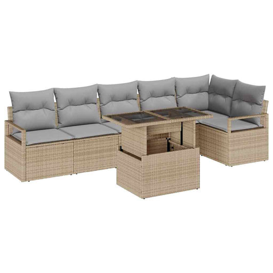 Garten-Sofa-Set mit Kissen 7 pcs Beige Poly Rattan