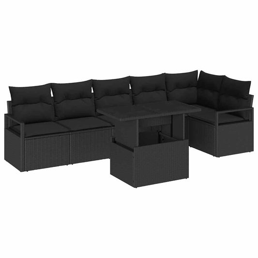 Garten-Sofa-Set mit Kissen 7 pcs Schwarz Poly Rattan