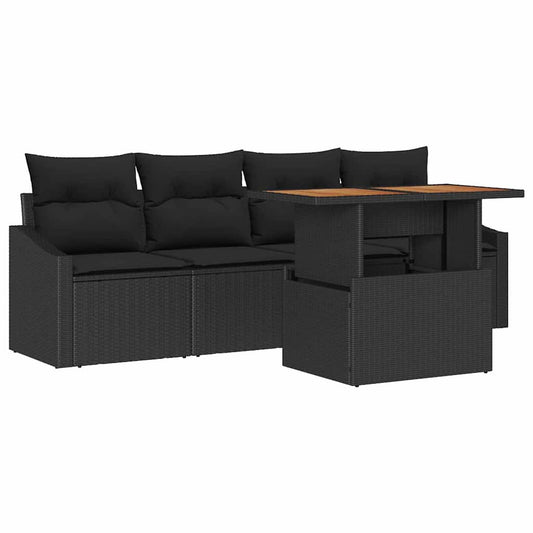 Garten-Sofa-Set mit Kissen 5 pcs Schwarz Poly Rattan
