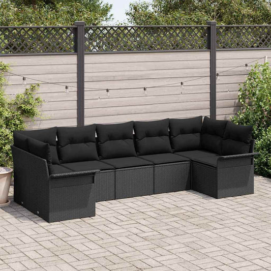 Garten-Sofa-Set mit Kissen 7 pcs Schwarz Poly Rattan