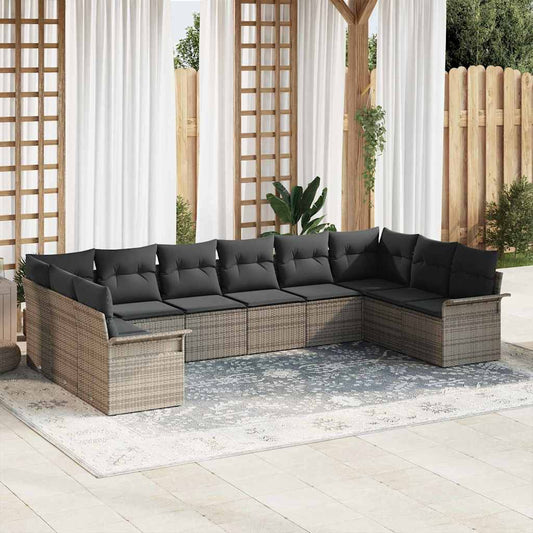 Garten-Sofa-Set mit Kissen mit Speicher 10 pcs Grau Poly Rattan