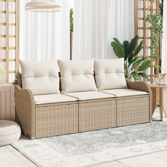 Garten-Sofa-Set mit Kissen mit Speicher 3 pcs Beige Poly Rattan