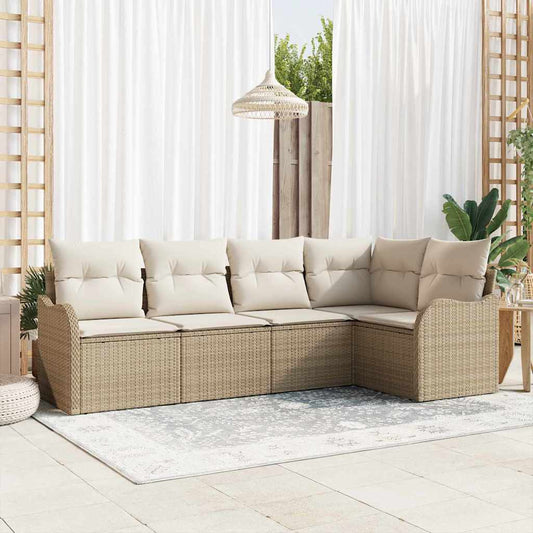 Garten-Sofa-Set mit Kissen mit Speicher 5 pcs Beige Poly Rattan