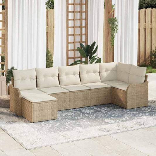 Garten-Sofa-Set mit Kissen 7 pcs Beige und Weiß Poly Rattan